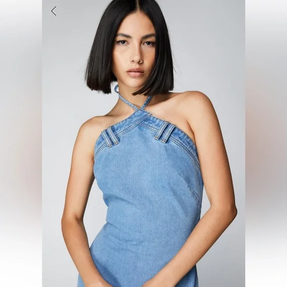 NWT Nasty gal Denim Tie Back Halter Midi Dress - Picture 3 of 9